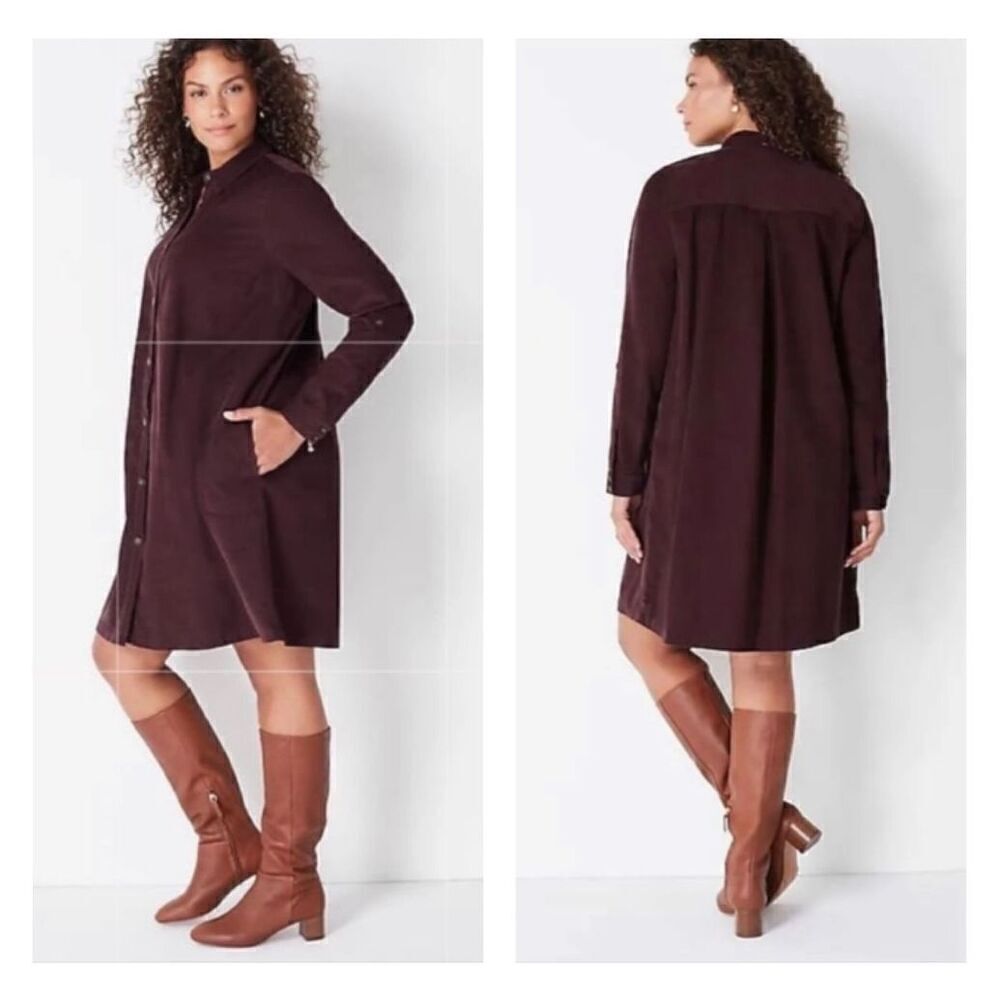 J. Jill wale-fine corduroy spiced wine shirt dress womens S petite Button up NEW